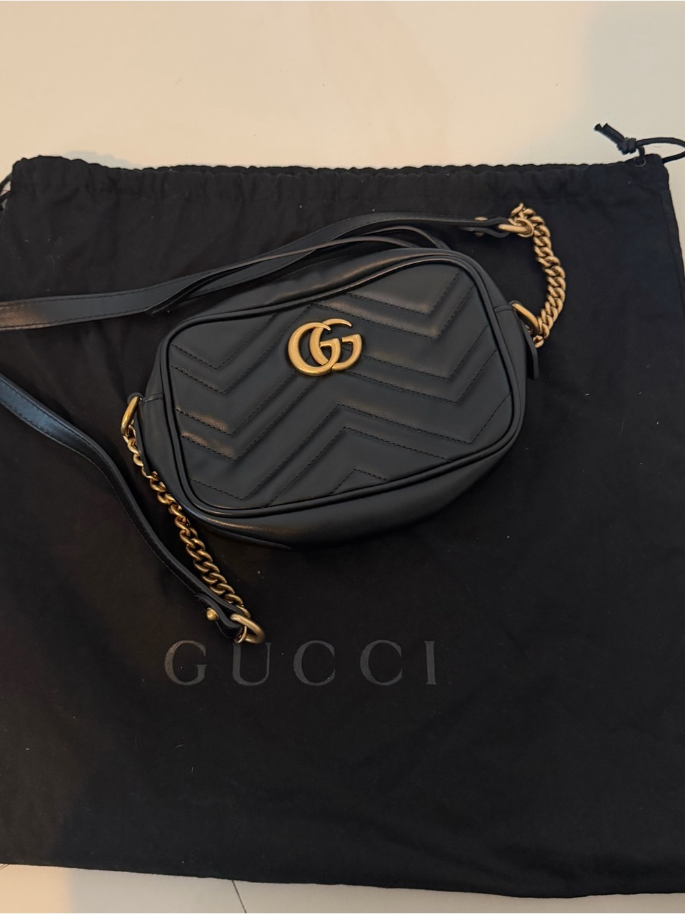 Gucci Black Quilted Leather GG Logo Crossbody Bag with Gold Hardware